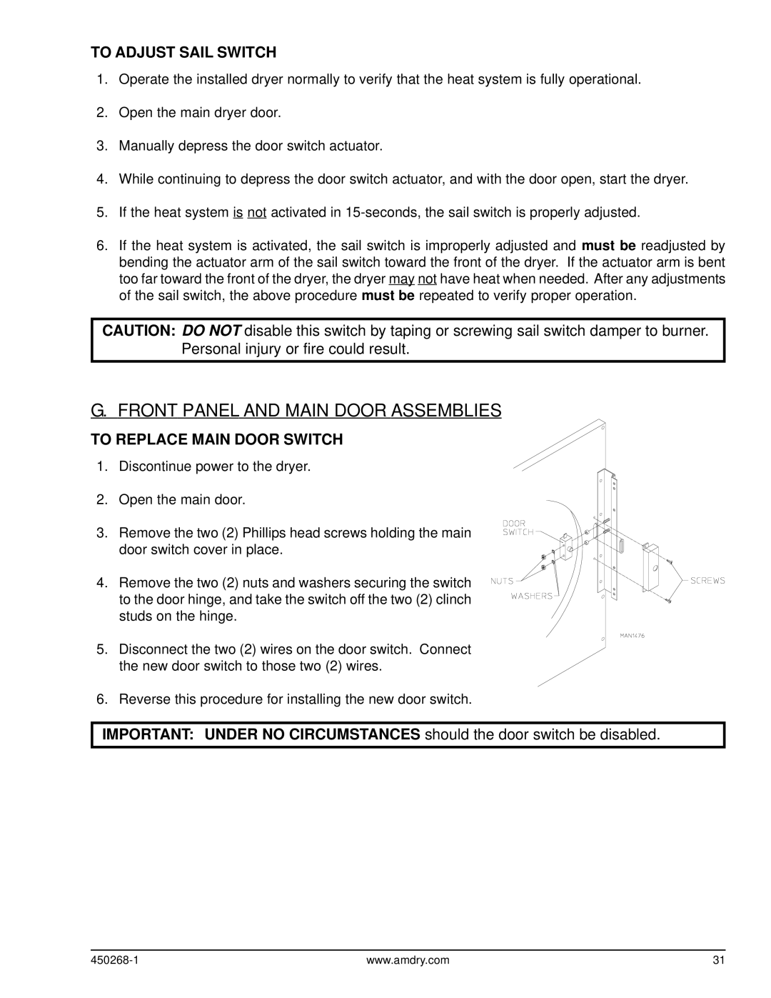 American Dryer Corp AD-25, AD-30 Front Panel and Main Door Assemblies, To Adjust Sail Switch, To Replace Main Door Switch 