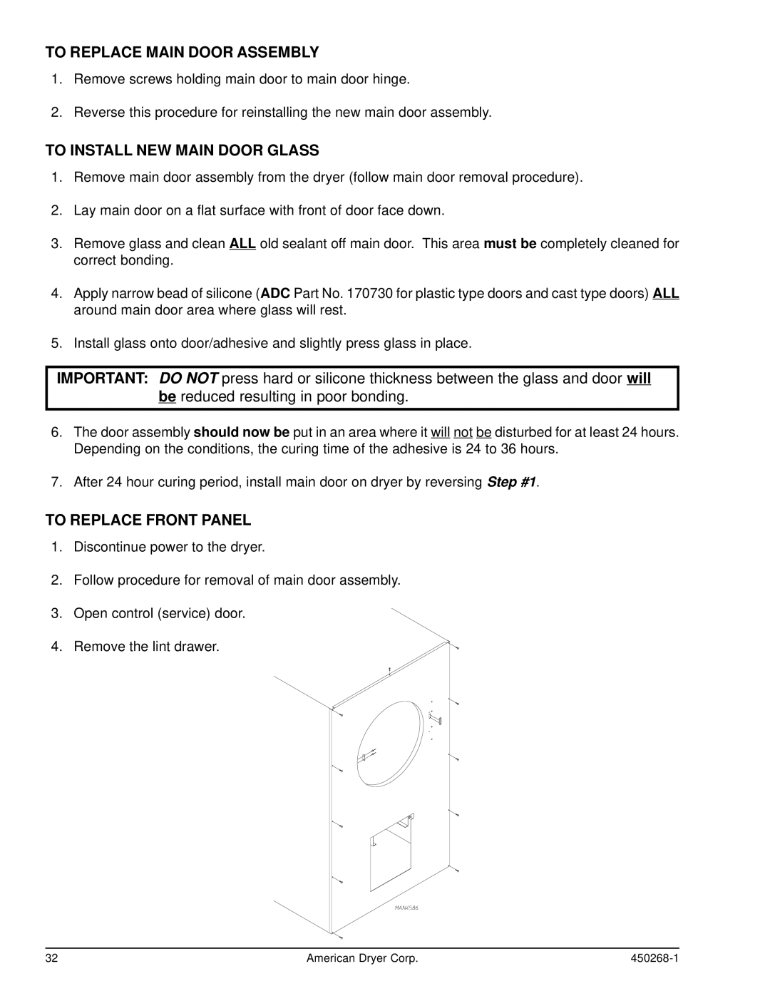 American Dryer Corp AD-30, AD-25 To Replace Main Door Assembly, To Install NEW Main Door Glass, To Replace Front Panel 