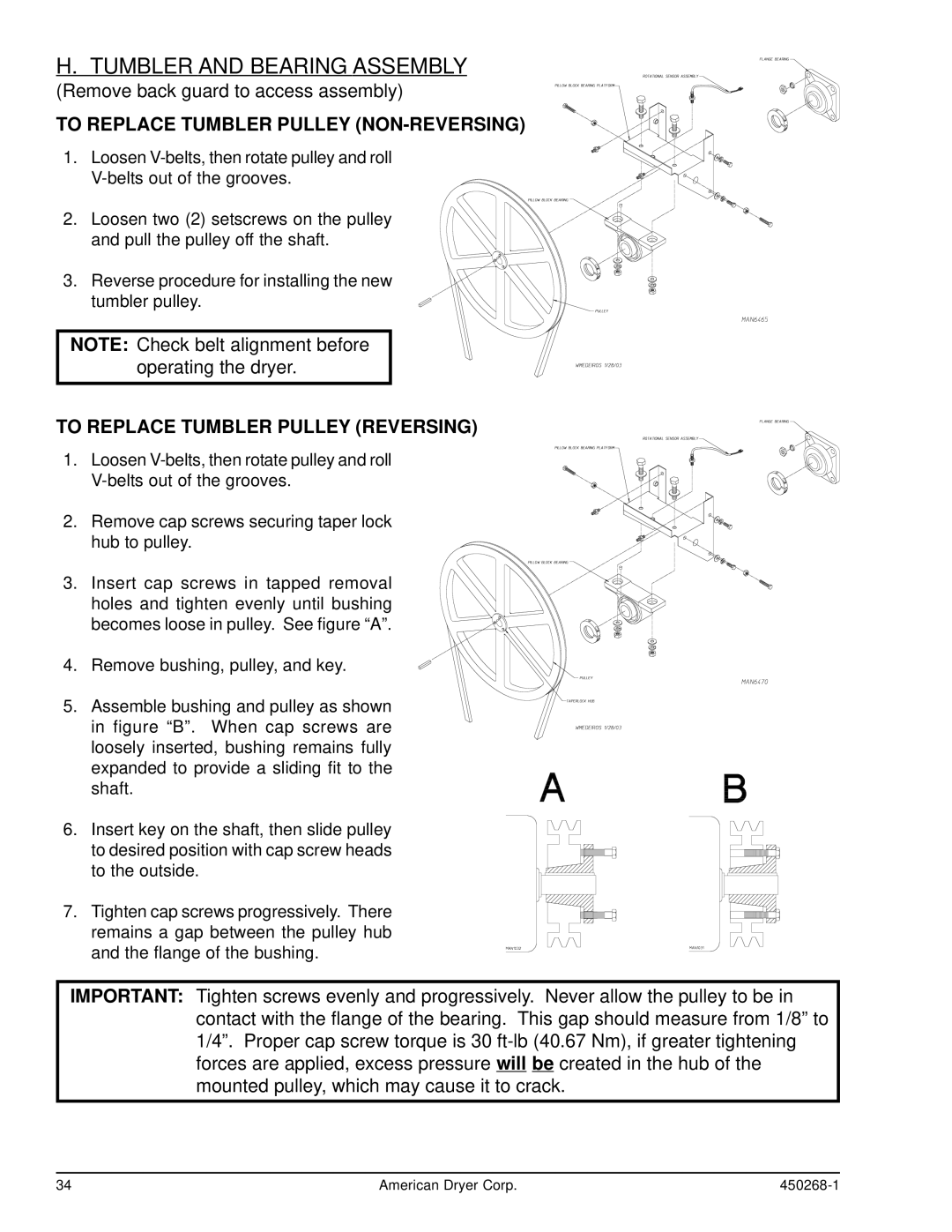 American Dryer Corp AD-30, AD-25 service manual Tumbler and Bearing Assembly, To Replace Tumbler Pulley NON-REVERSING 