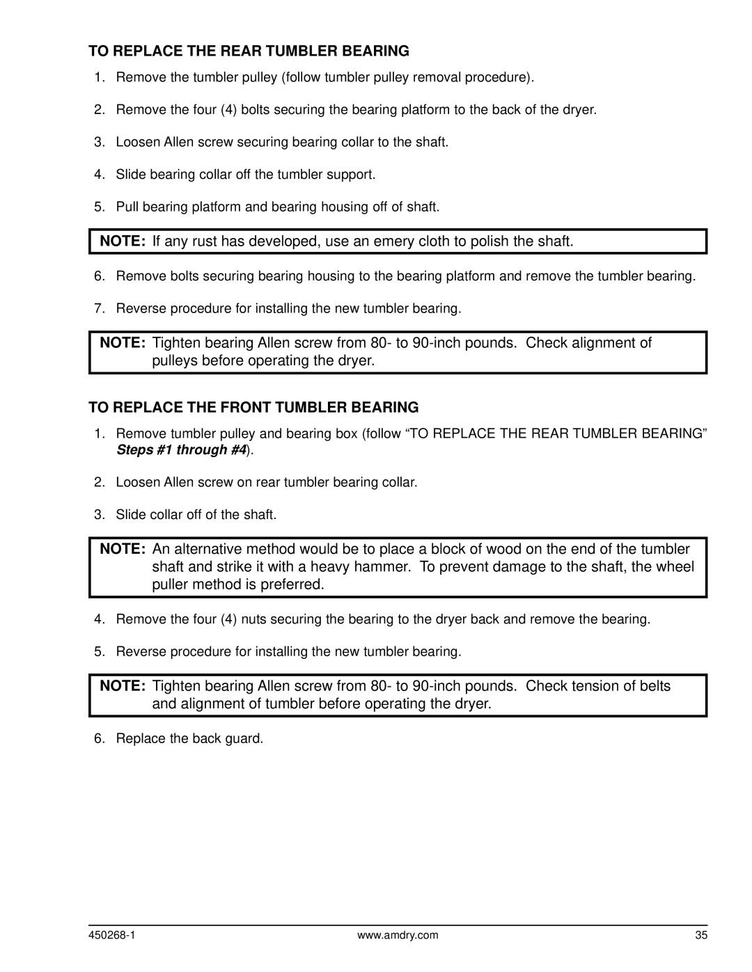 American Dryer Corp AD-25, AD-30 service manual To Replace the Rear Tumbler Bearing, To Replace the Front Tumbler Bearing 