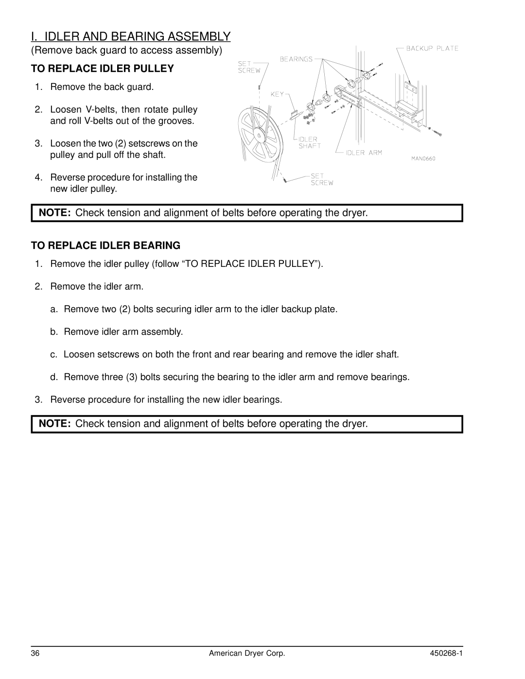 American Dryer Corp AD-30, AD-25 Idler and Bearing Assembly, To Replace Idler Pulley, To Replace Idler Bearing 