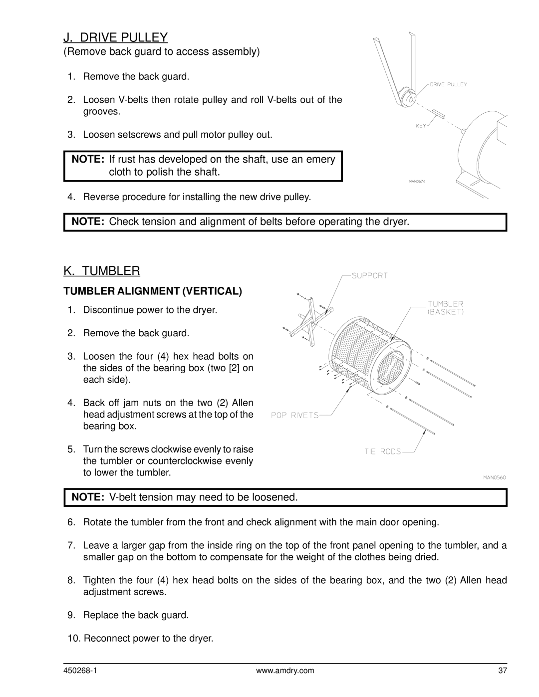 American Dryer Corp AD-25, AD-30 service manual Drive Pulley, Tumbler Alignment Vertical 