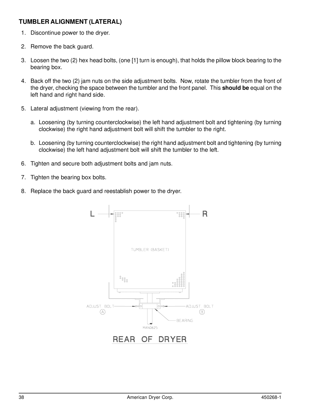 American Dryer Corp AD-30, AD-25 service manual Tumbler Alignment Lateral 