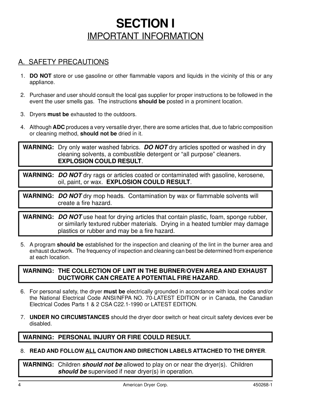 American Dryer Corp AD-30, AD-25 service manual Safety Precautions, Explosion could Result 