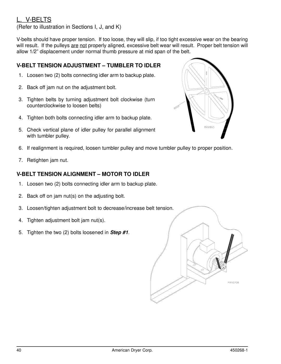 American Dryer Corp AD-30, AD-25 Belts, Belt Tension Adjustment Tumbler to Idler, Belt Tension Alignment Motor to Idler 