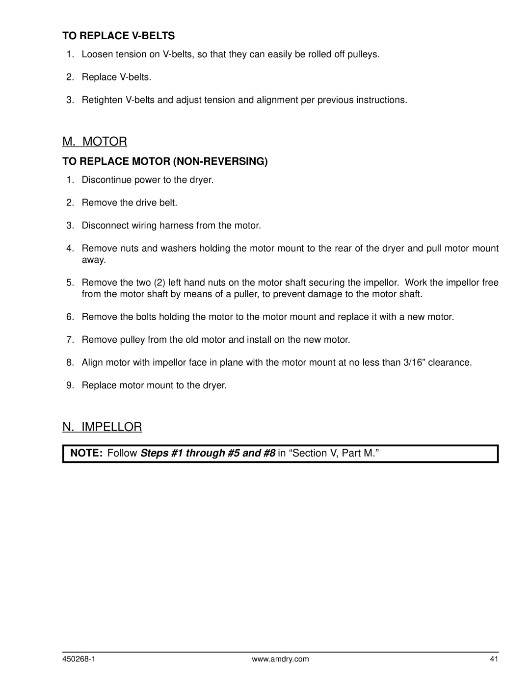 American Dryer Corp AD-25, AD-30 service manual Impellor, To Replace V-BELTS, To Replace Motor NON-REVERSING 