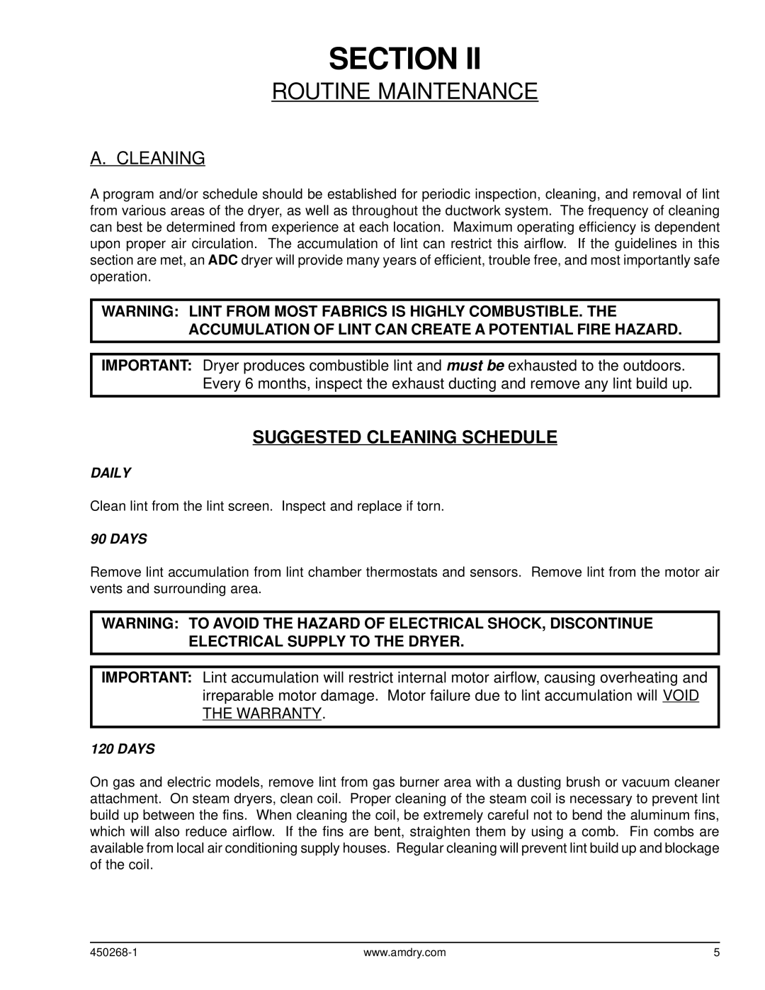 American Dryer Corp AD-25, AD-30 service manual Routine Maintenance, Cleaning 