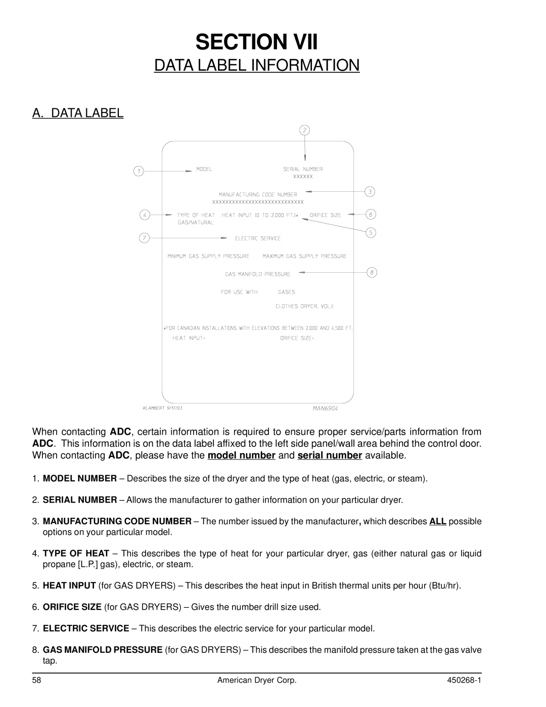 American Dryer Corp AD-30, AD-25 service manual Data Label Information 