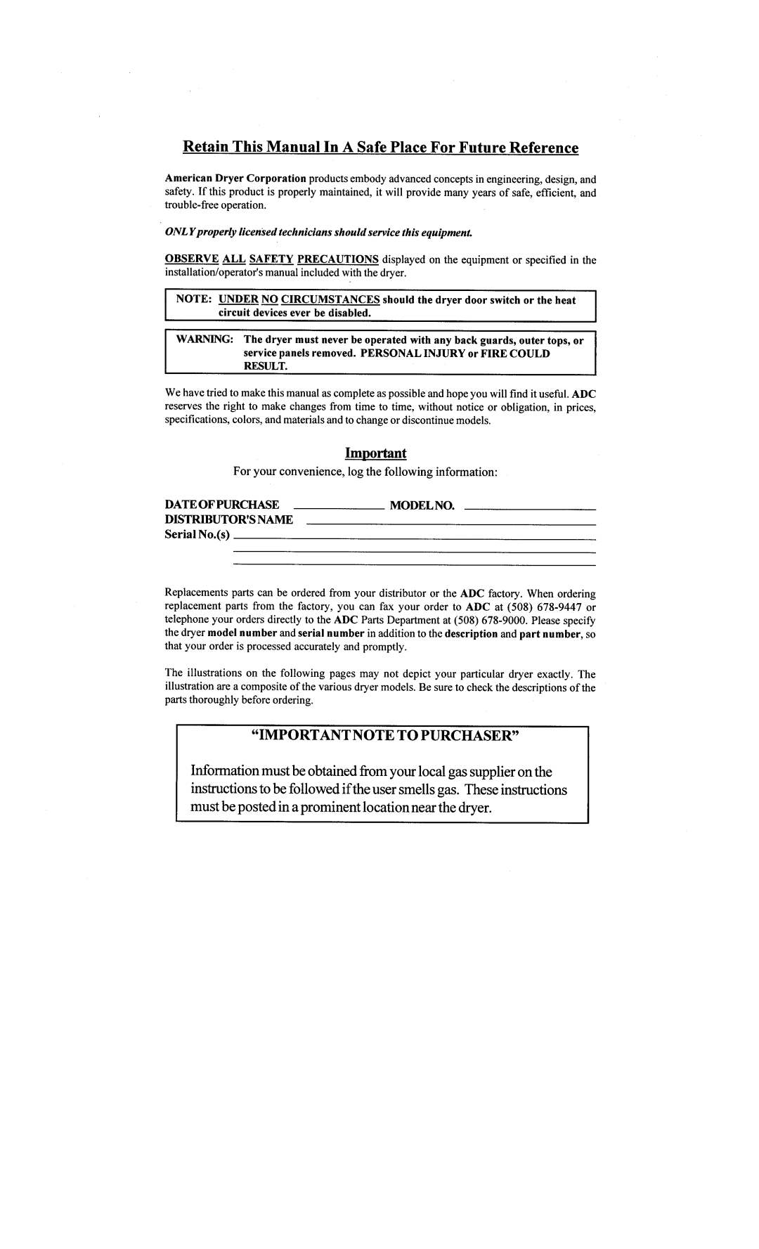 American Dryer Corp AD-30 (Export) manual 