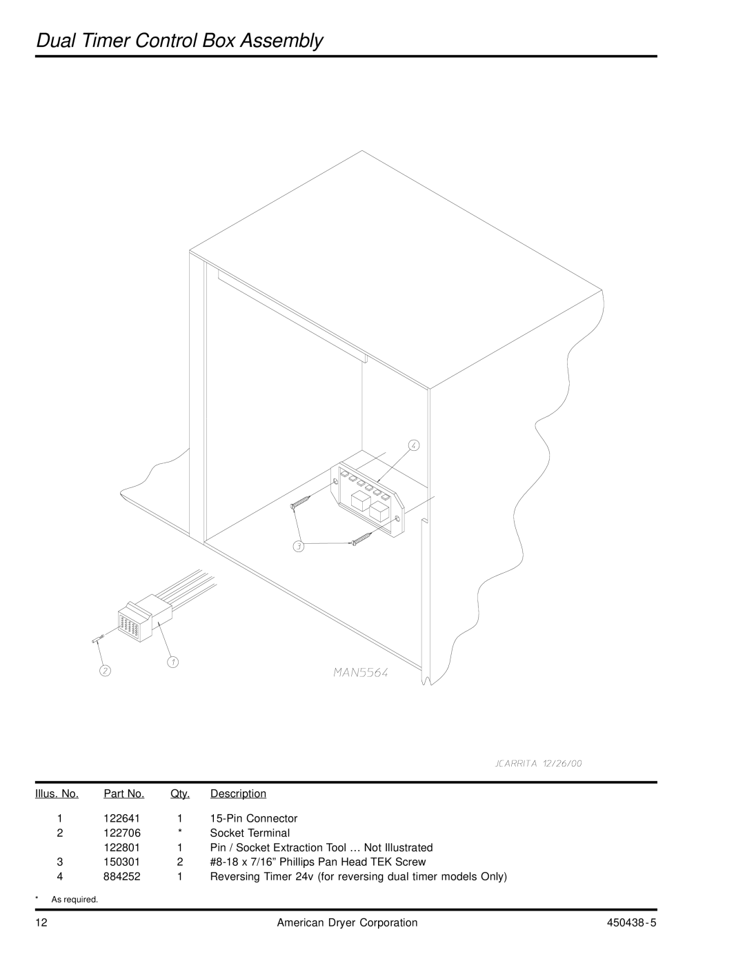 American Dryer Corp AD-30V manual Dual Timer Control Box Assembly 