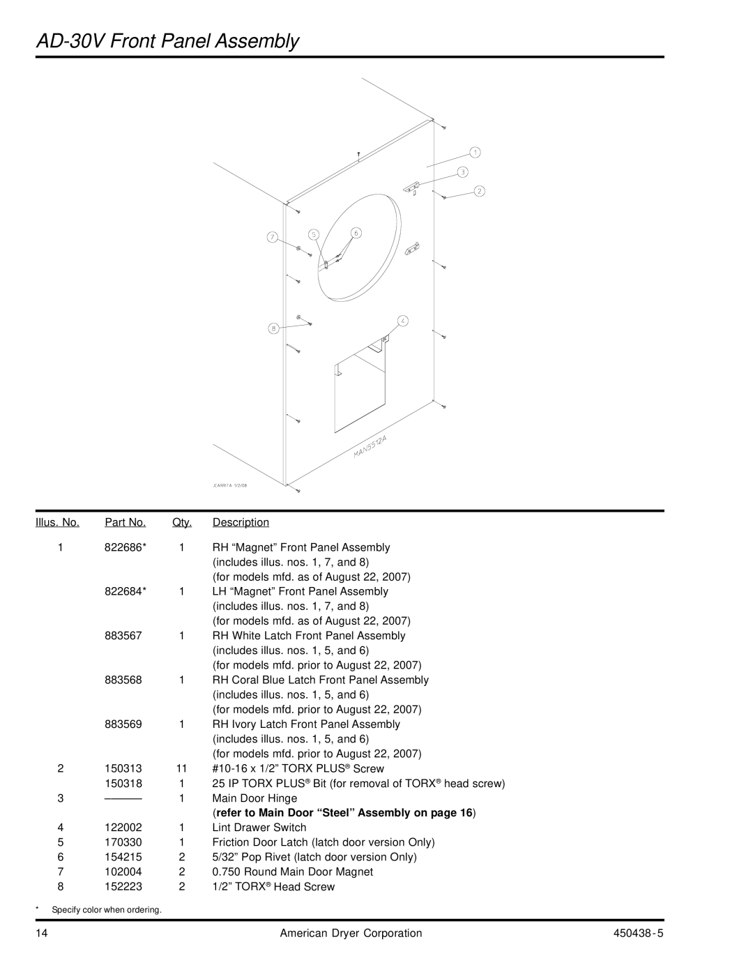 American Dryer Corp manual AD-30V Front Panel Assembly, Refer to Main Door Steel Assembly on 