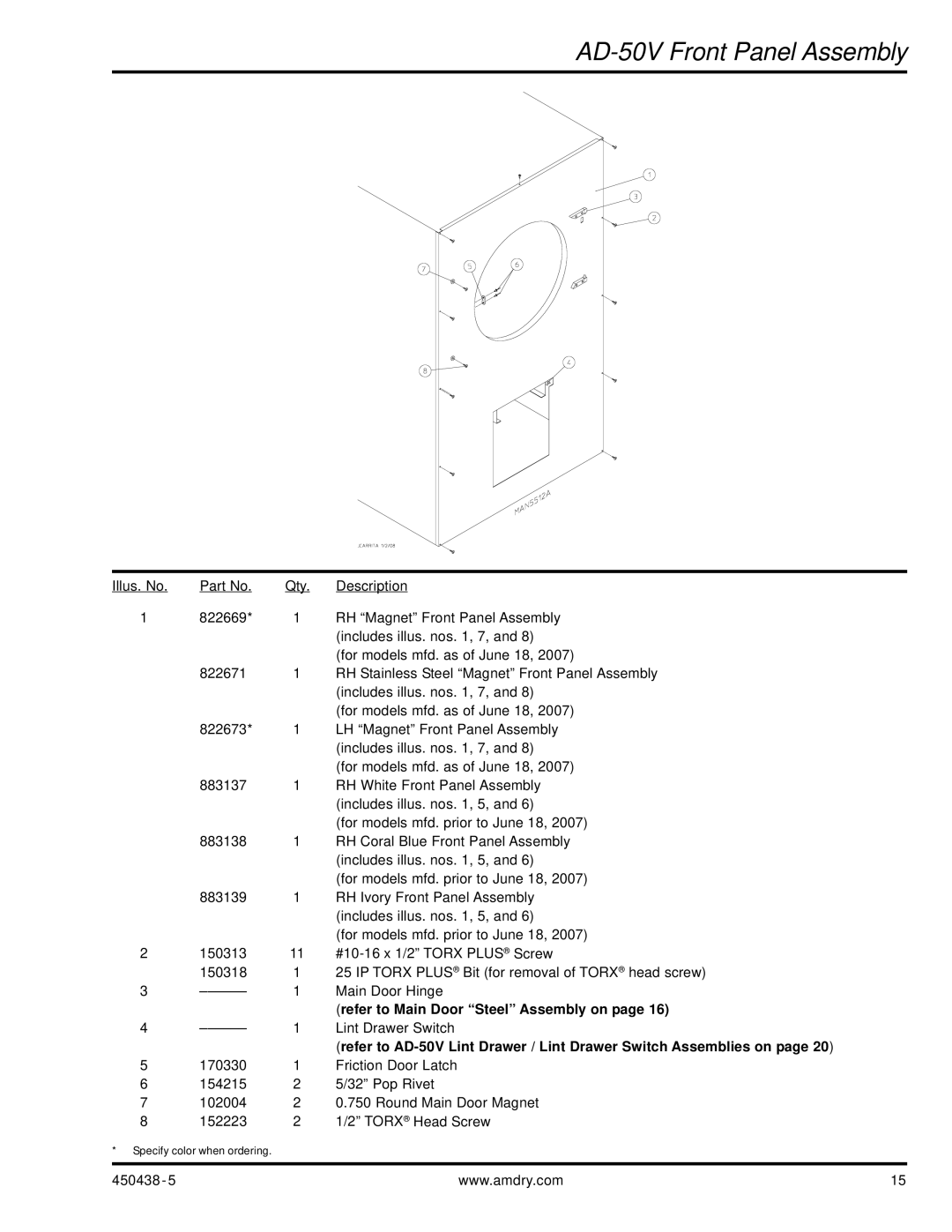 American Dryer Corp AD-30V manual AD-50V Front Panel Assembly 