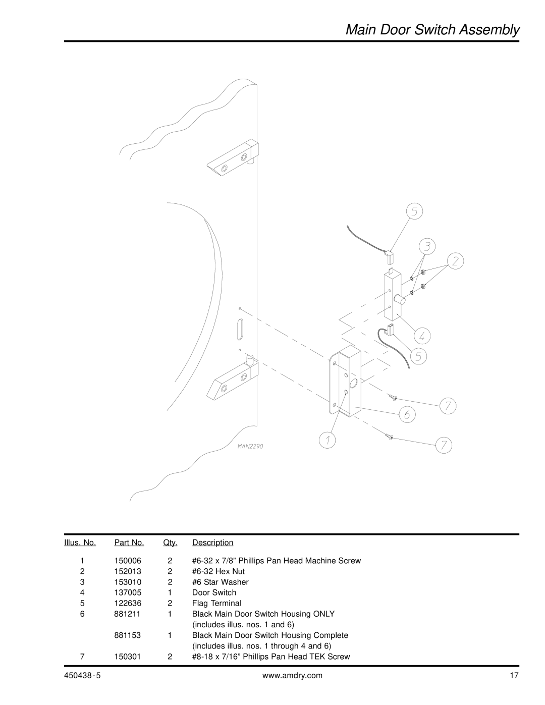 American Dryer Corp AD-30V manual Main Door Switch Assembly 