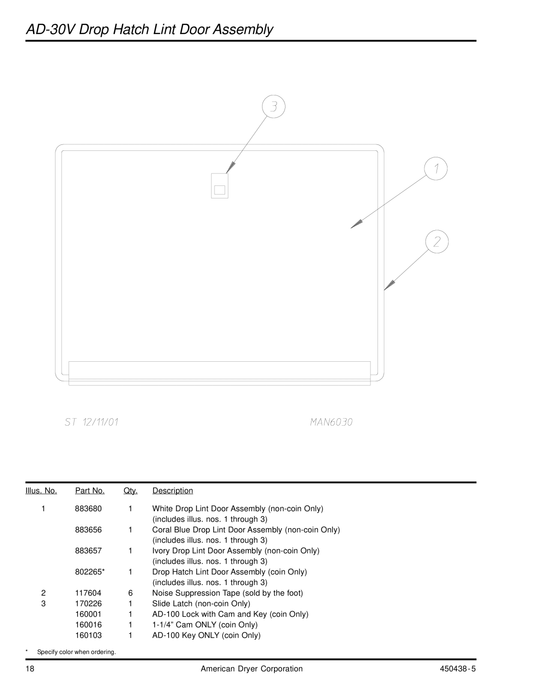 American Dryer Corp manual AD-30V Drop Hatch Lint Door Assembly 