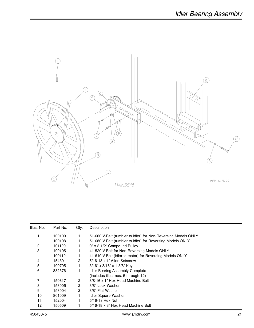 American Dryer Corp AD-30V manual Idler Bearing Assembly 