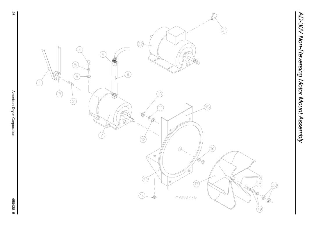 American Dryer Corp manual AD-30V Non-Reversing Motor Mount Assembly 