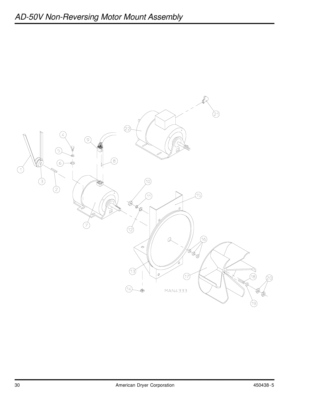 American Dryer Corp AD-30V manual AD-50V Non-Reversing Motor Mount Assembly 