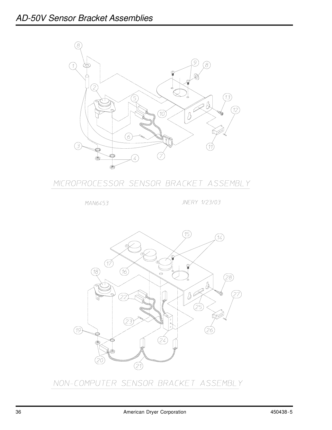 American Dryer Corp AD-30V manual AD-50V Sensor Bracket Assemblies 
