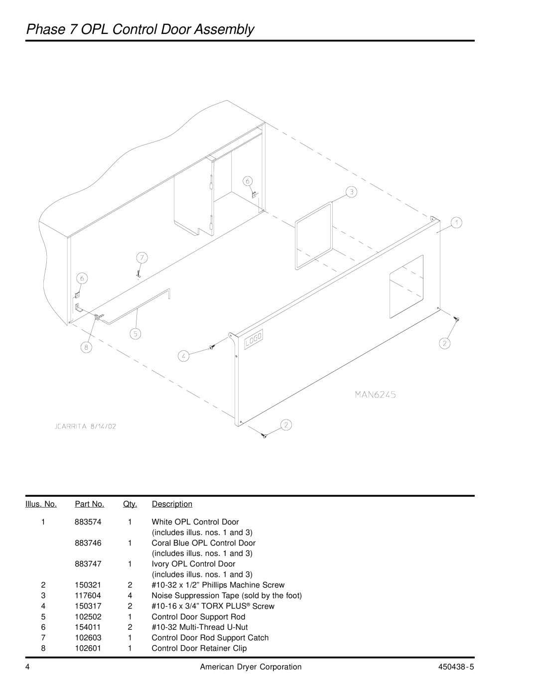 American Dryer Corp AD-30V manual Phase 7 OPL Control Door Assembly 