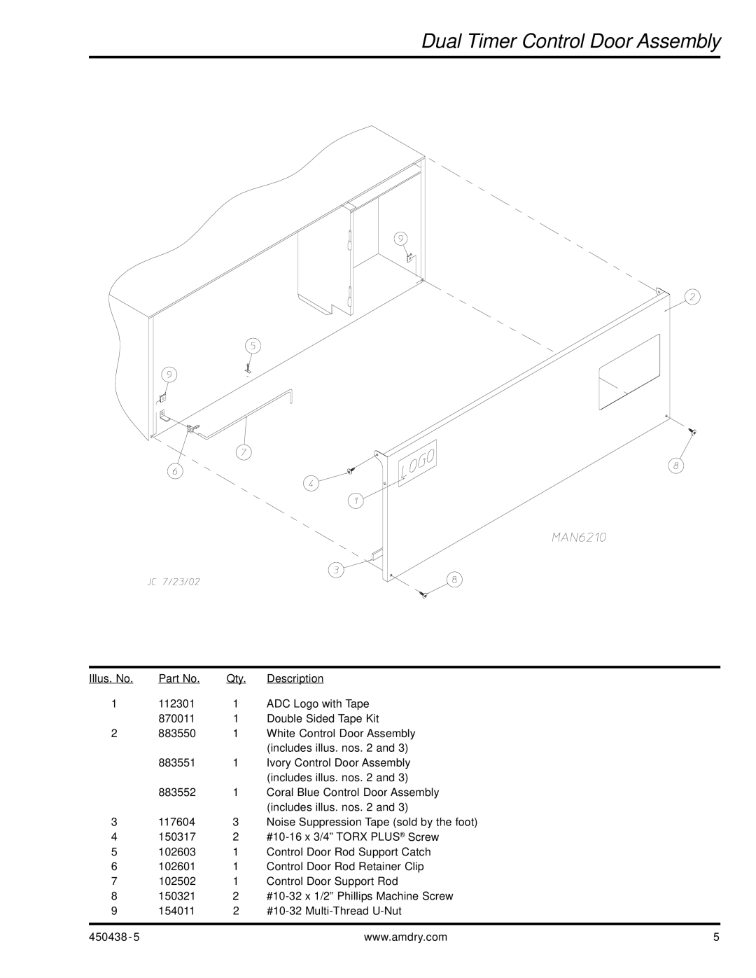 American Dryer Corp AD-30V manual Dual Timer Control Door Assembly 