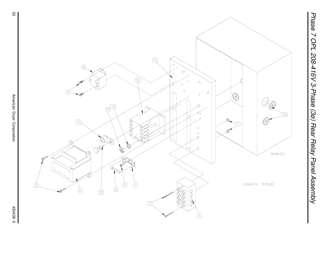 American Dryer Corp AD-30V manual Phase 7 OPL 208-416V 3-Phase 3ø Rear Relay Panel Assembly 