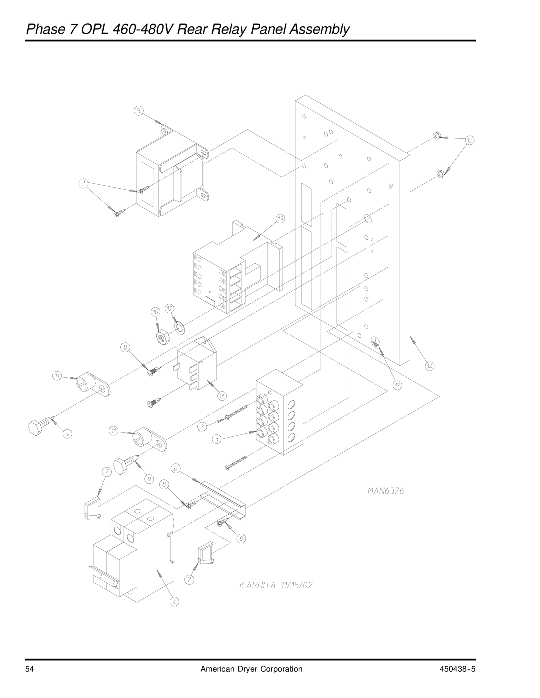 American Dryer Corp AD-30V manual Phase 7 OPL 460-480V Rear Relay Panel Assembly 
