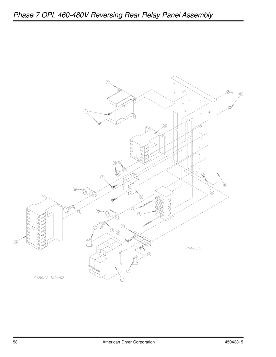 American Dryer Corp AD-30V manual Phase 7 OPL 460-480V Reversing Rear Relay Panel Assembly 