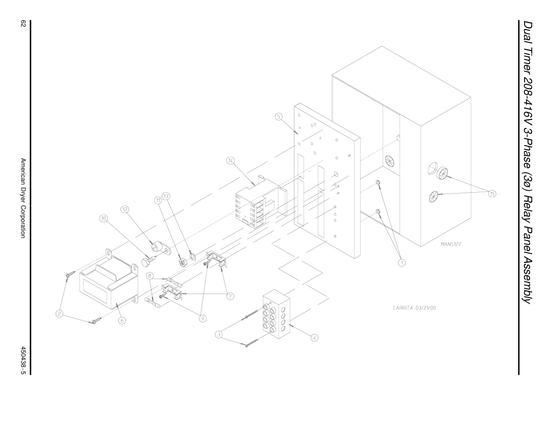 American Dryer Corp AD-30V manual Dual Timer 208-416V 3-Phase 3ø Relay Panel Assembly 