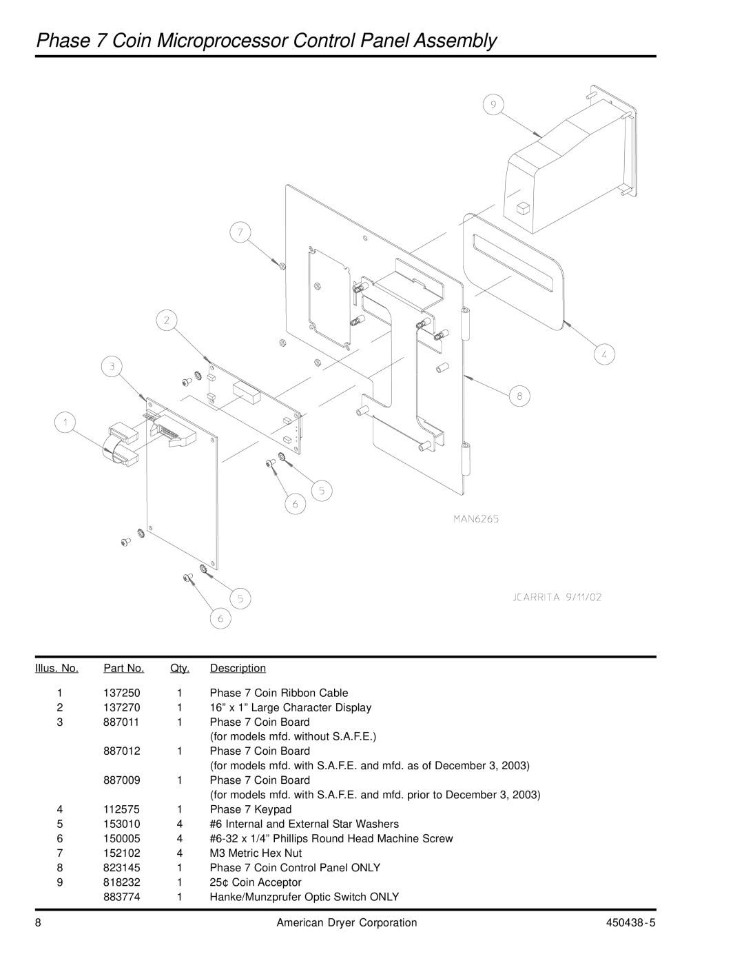 American Dryer Corp AD-30V manual Phase 7 Coin Microprocessor Control Panel Assembly 