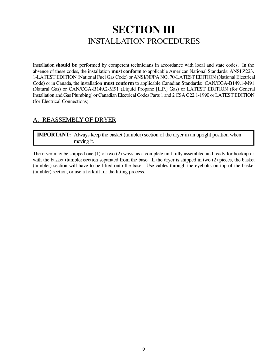 American Dryer Corp AD-310 Phase 7 installation manual Installation Procedures, Reassembly of Dryer 