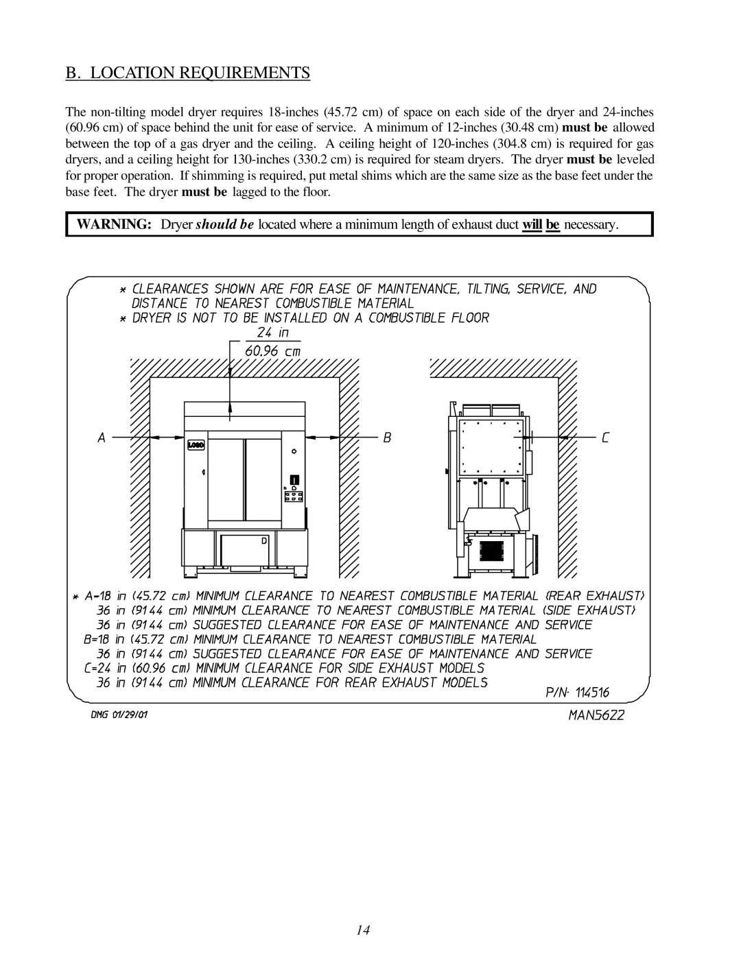 American Dryer Corp AD-310 Phase 7 installation manual Location Requirements 