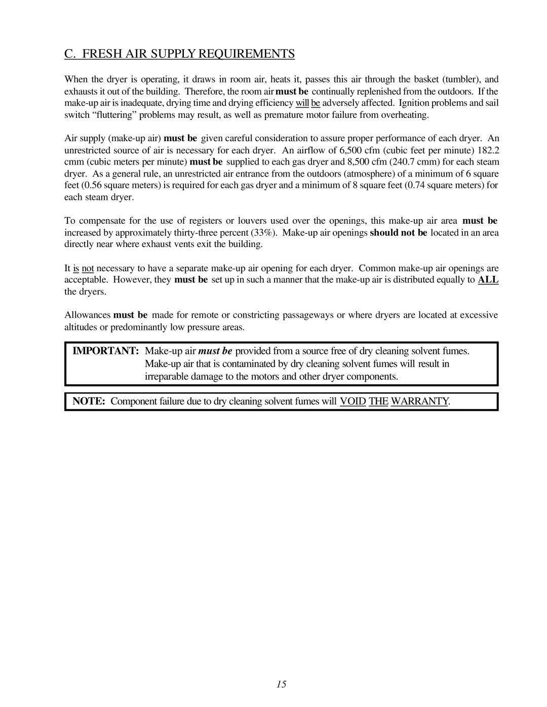 American Dryer Corp AD-310 Phase 7 installation manual Fresh AIR Supply Requirements 