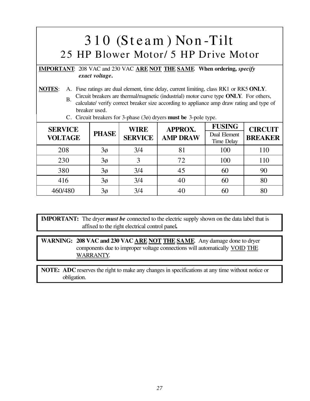 American Dryer Corp AD-310 Phase 7 installation manual Steam Non-Tilt 