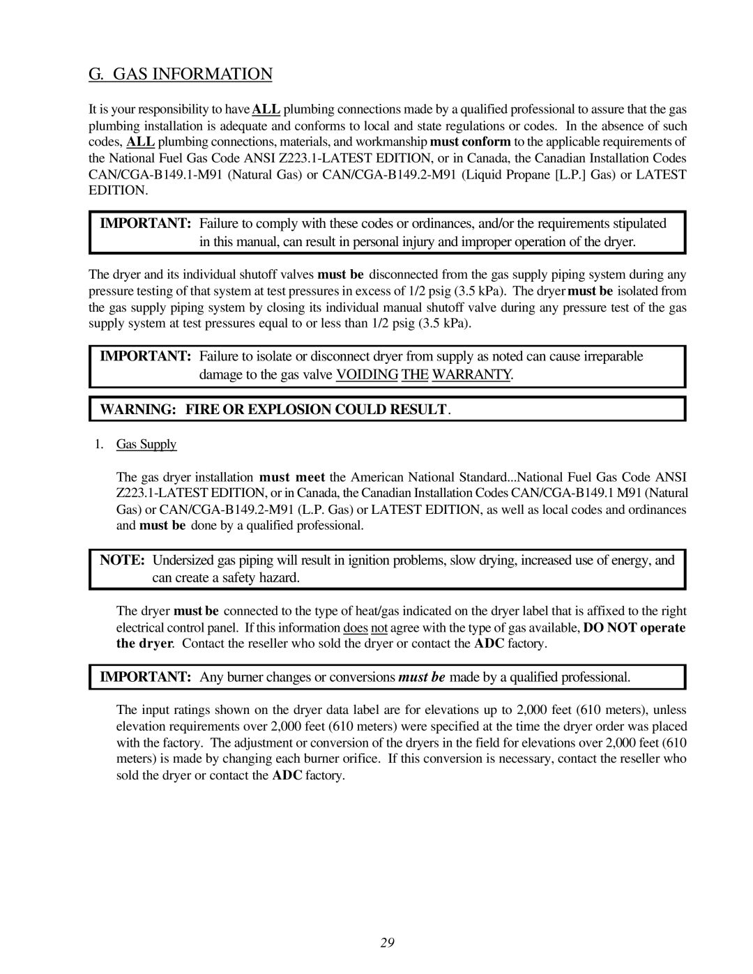 American Dryer Corp AD-310 Phase 7 installation manual GAS Information 