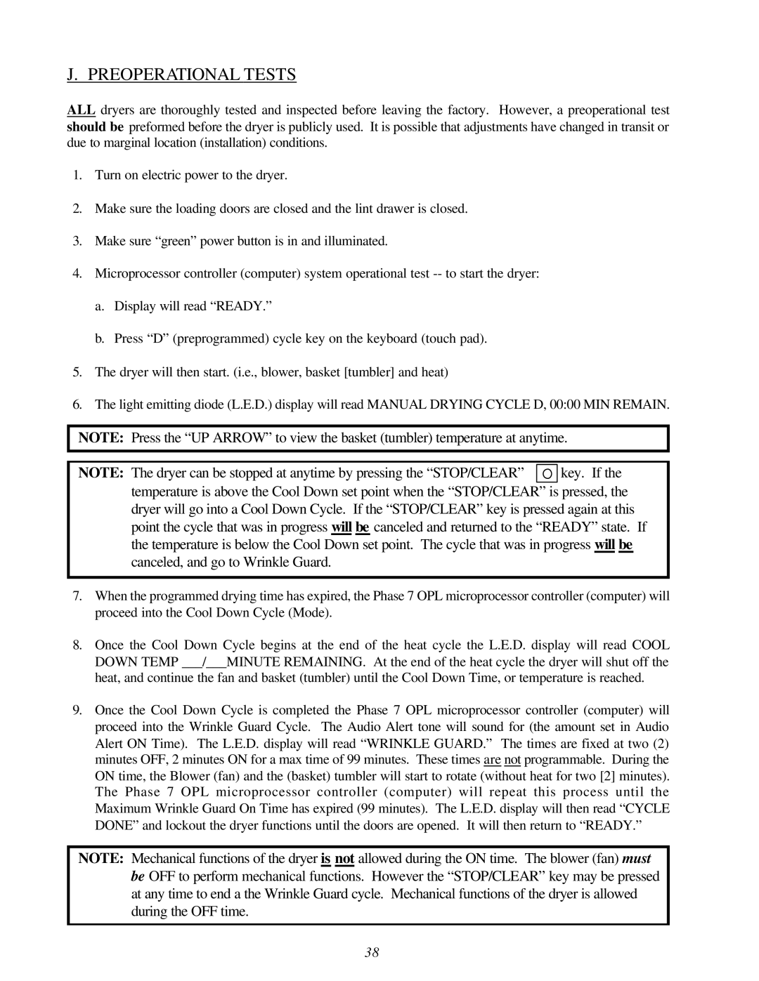 American Dryer Corp AD-310 Phase 7 installation manual Preoperational Tests 