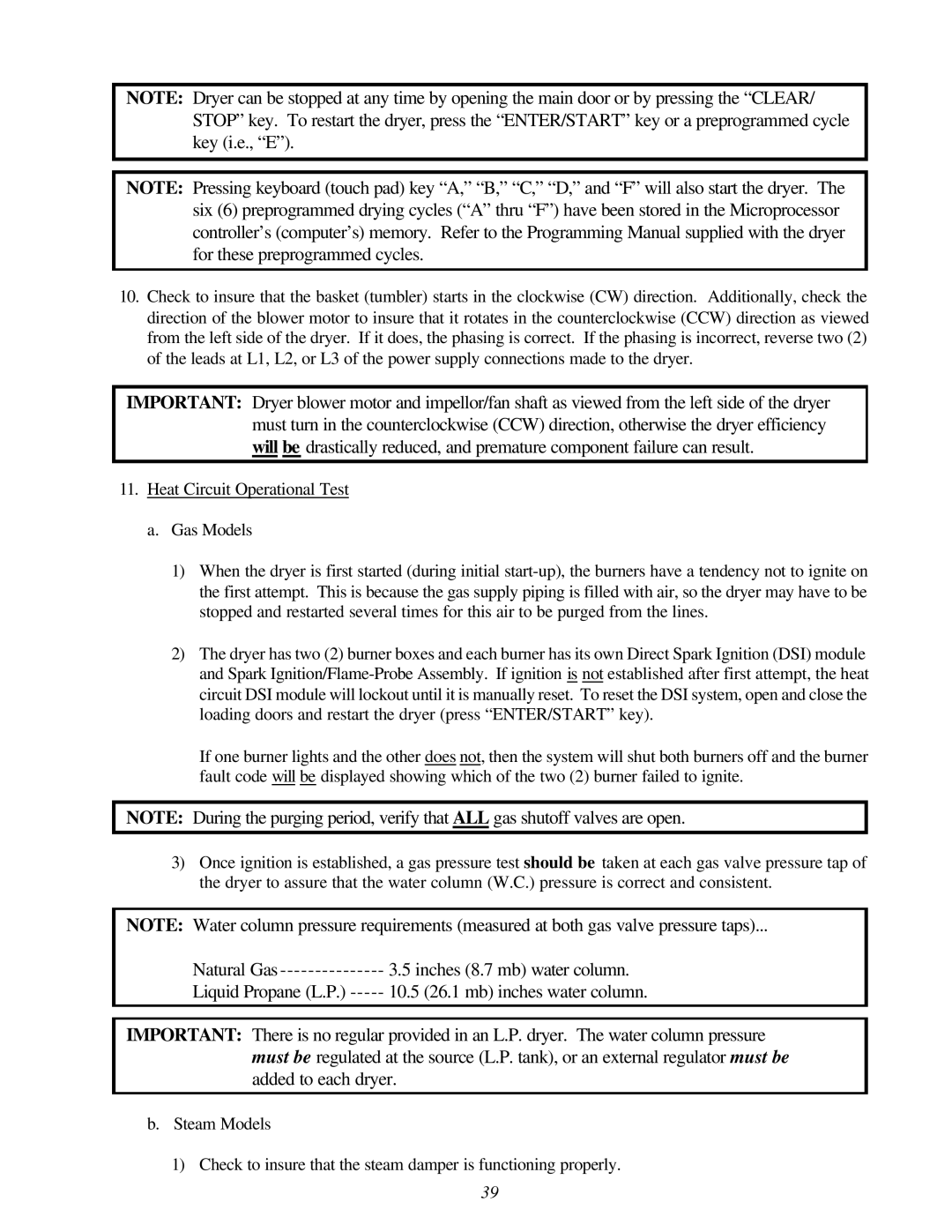 American Dryer Corp AD-310 Phase 7 installation manual Natural Gas Inches 8.7 mb water column Liquid Propane L.P 