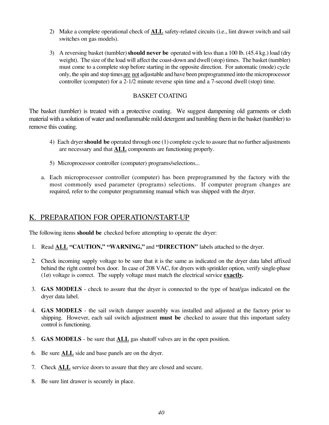 American Dryer Corp AD-310 Phase 7 installation manual Preparation for OPERATION/START-UP, Basket Coating 