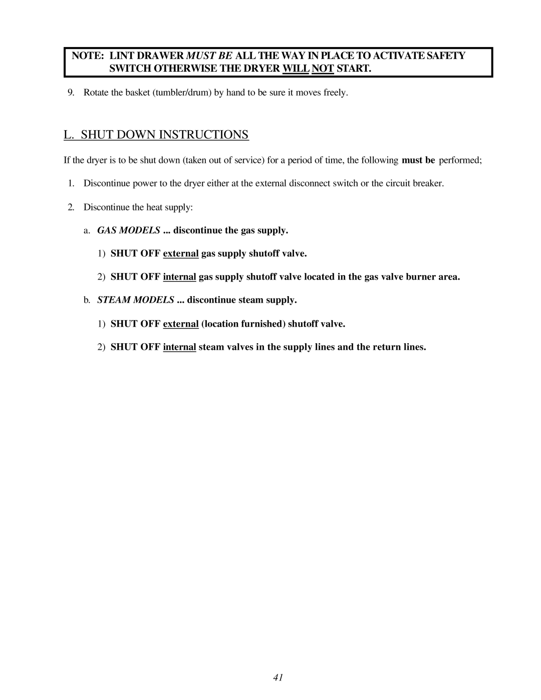 American Dryer Corp AD-310 Phase 7 installation manual Shut Down Instructions 