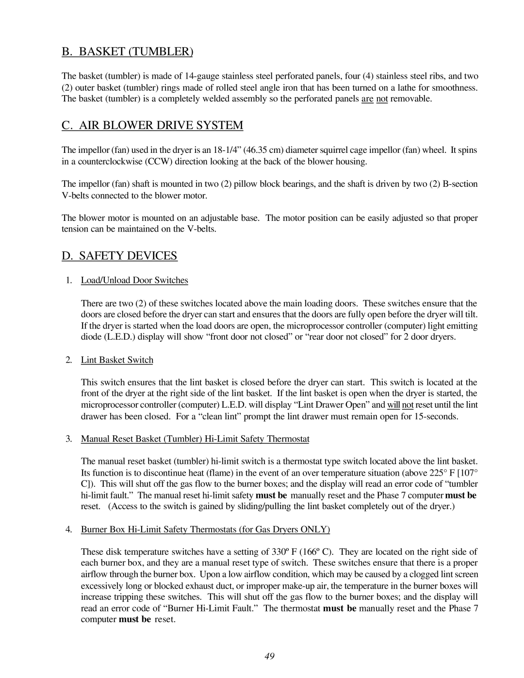 American Dryer Corp AD-310 Phase 7 installation manual Basket Tumbler, AIR Blower Drive System, Safety Devices 