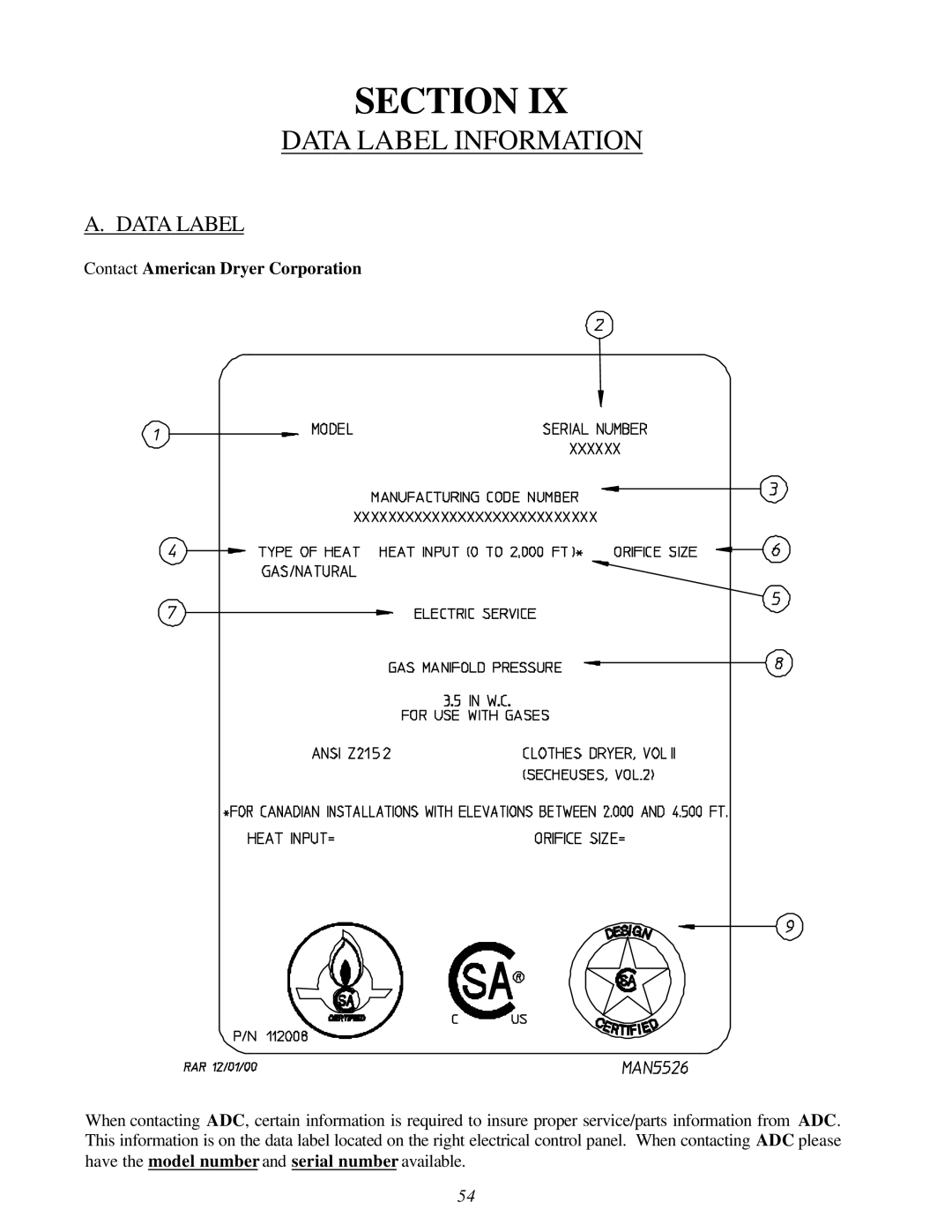 American Dryer Corp AD-310 Phase 7 installation manual Data Label Information 