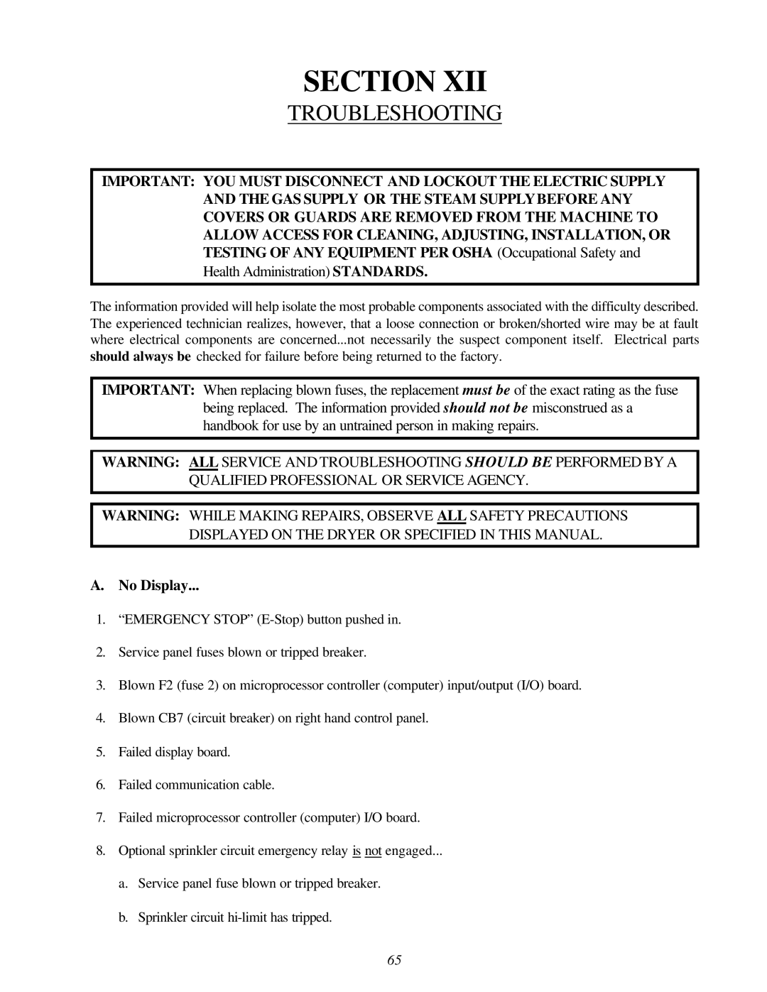 American Dryer Corp AD-310 Phase 7 installation manual Troubleshooting, No Display 