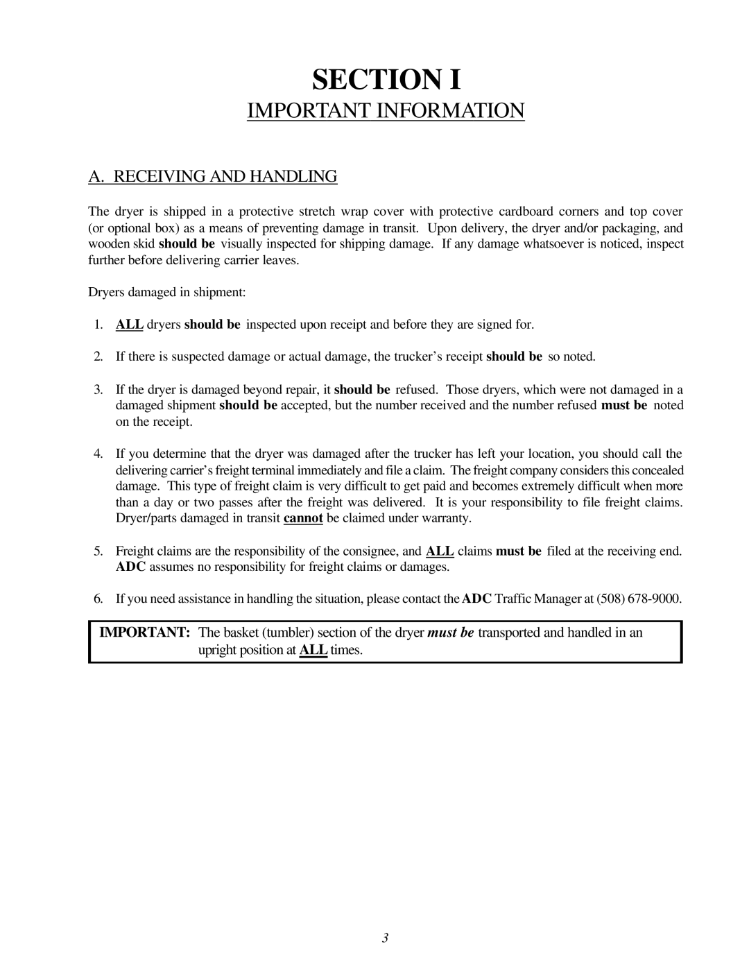 American Dryer Corp AD-310 Phase 7 installation manual Important Information, Receiving and Handling 