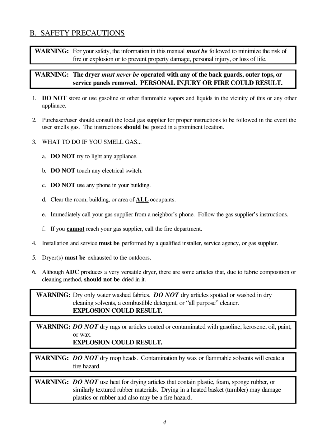 American Dryer Corp AD-310 Phase 7 installation manual Safety Precautions, What to do if YOU Smell GAS 