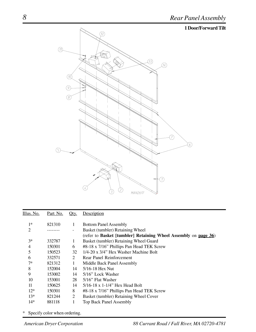 American Dryer Corp AD-310 manual Rear Panel Assembly, Door/Forward Tilt 