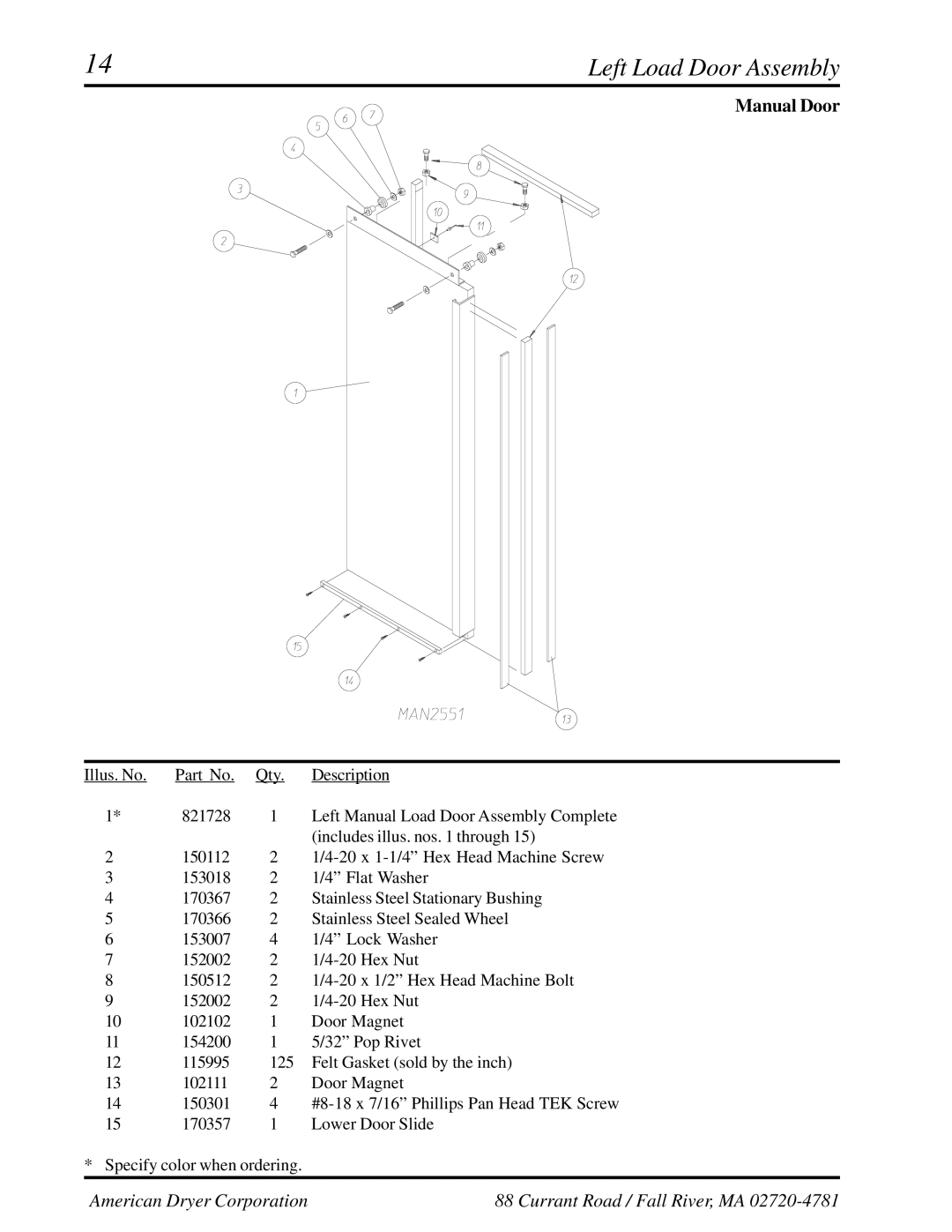 American Dryer Corp AD-310 manual Left Load Door Assembly 