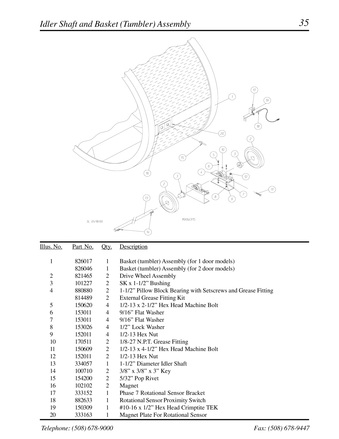 American Dryer Corp AD-310 manual Idler Shaft and Basket Tumbler Assembly 