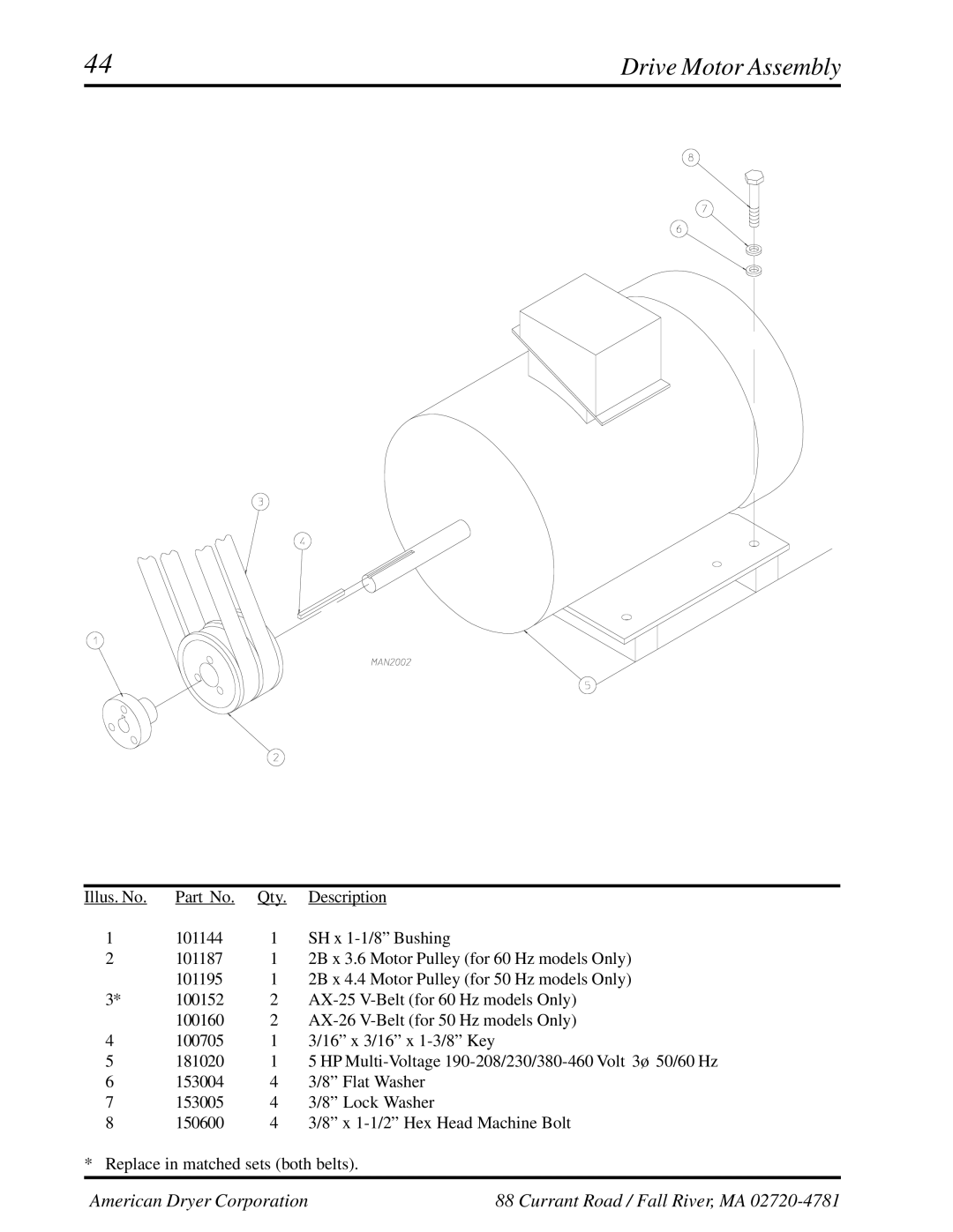 American Dryer Corp AD-310 manual Drive Motor Assembly 