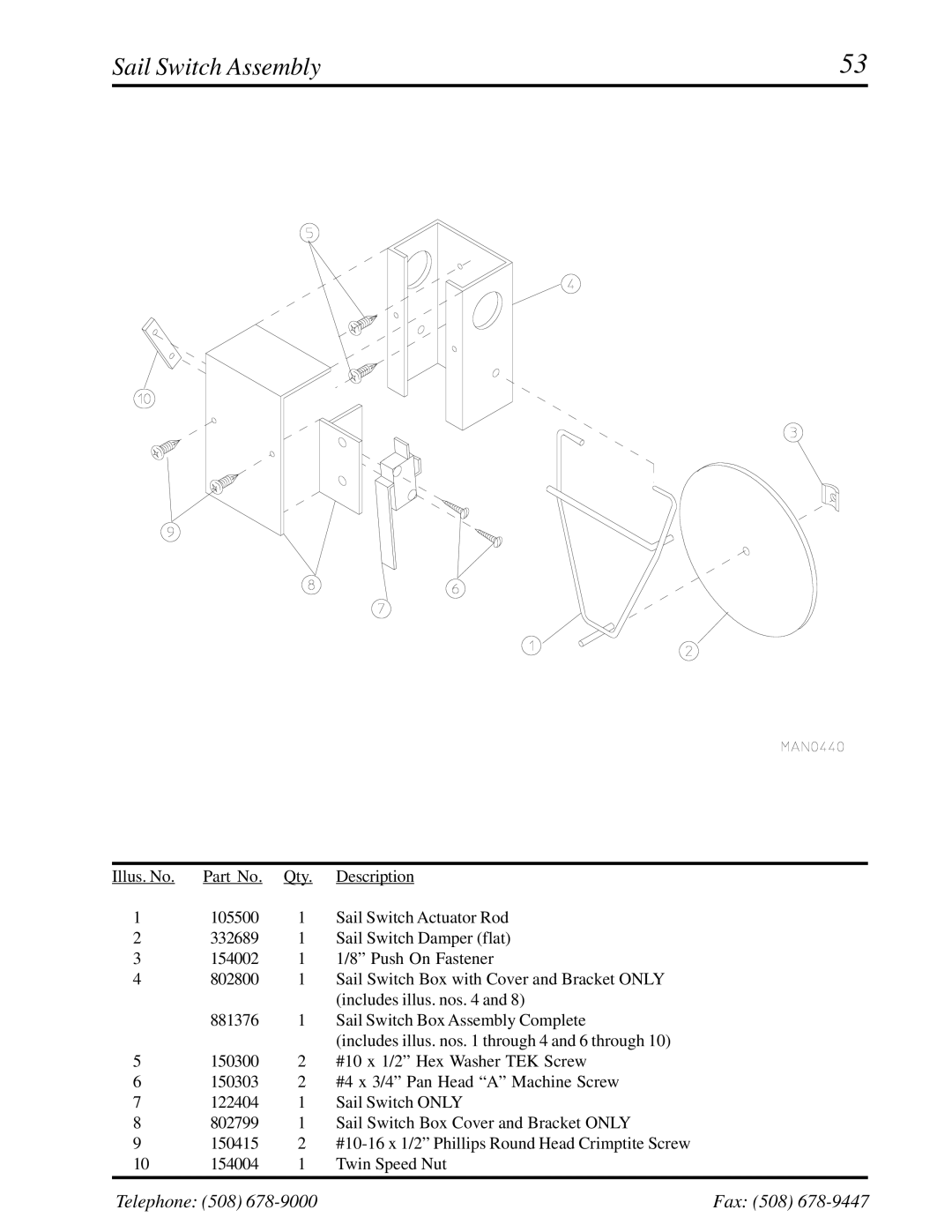 American Dryer Corp AD-310 manual Sail Switch Assembly 