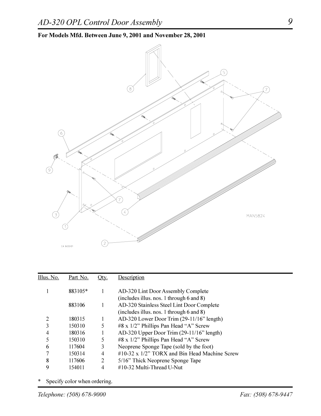 American Dryer Corp AD-330 manual AD-320 OPL Control Door Assembly 