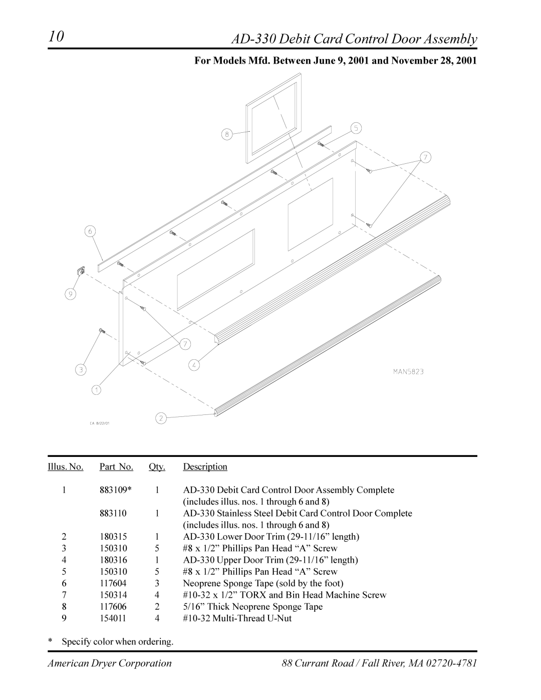 American Dryer Corp AD-320 manual AD-330 Debit Card Control Door Assembly 